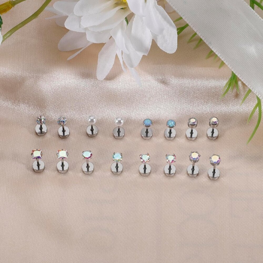8 Pairs Titanium Surgical Steel Earrings for Women Men Hypoallergenic Flat Back - Picture 3 of 7